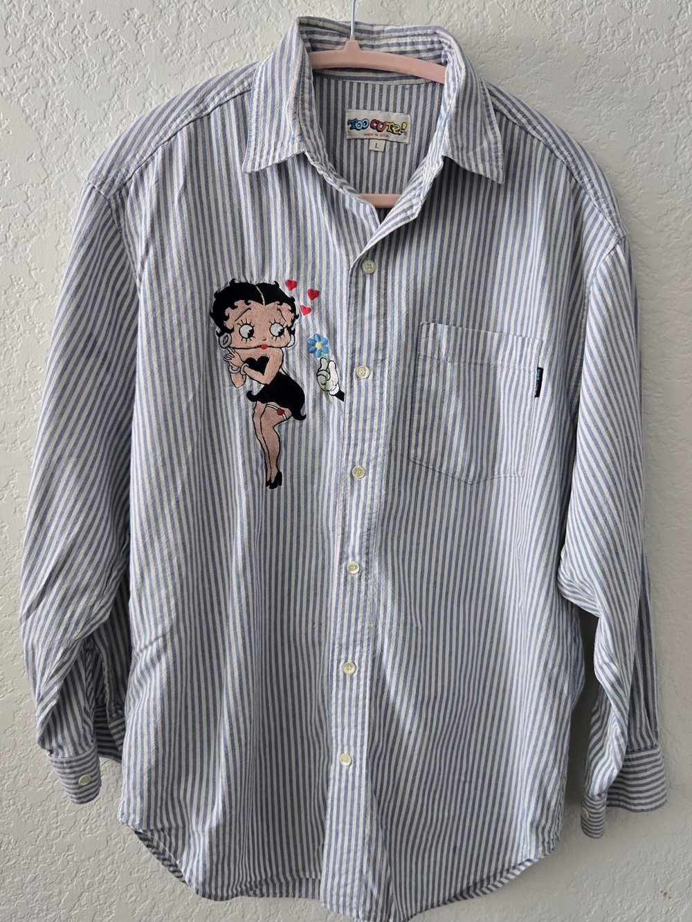 Vintage TOO CUTE Striped Blue Betty Boop Embroidered Button-Up Shirt